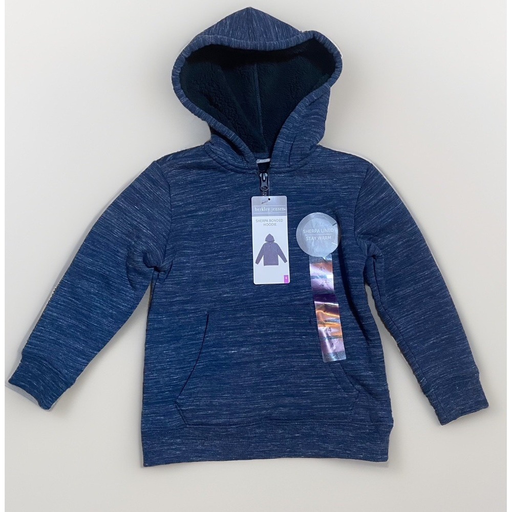 NWT Berkley Jensen Sherpa Lined Hoodie Pullover Quarter Zip Navy Blue Kids 4